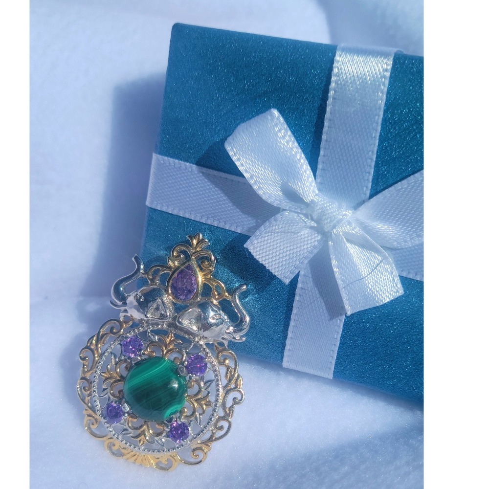 Ornate Elephant Malachite Amethyst Pendant Gold Tone Silver Tone